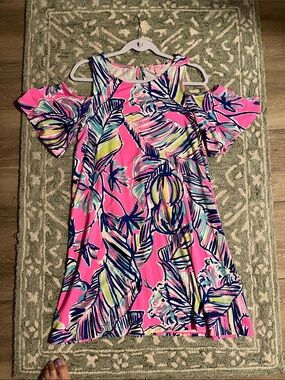 Lilly Pulitzer Pink Tropical Print Cold-Shoulder Dress Size Small
